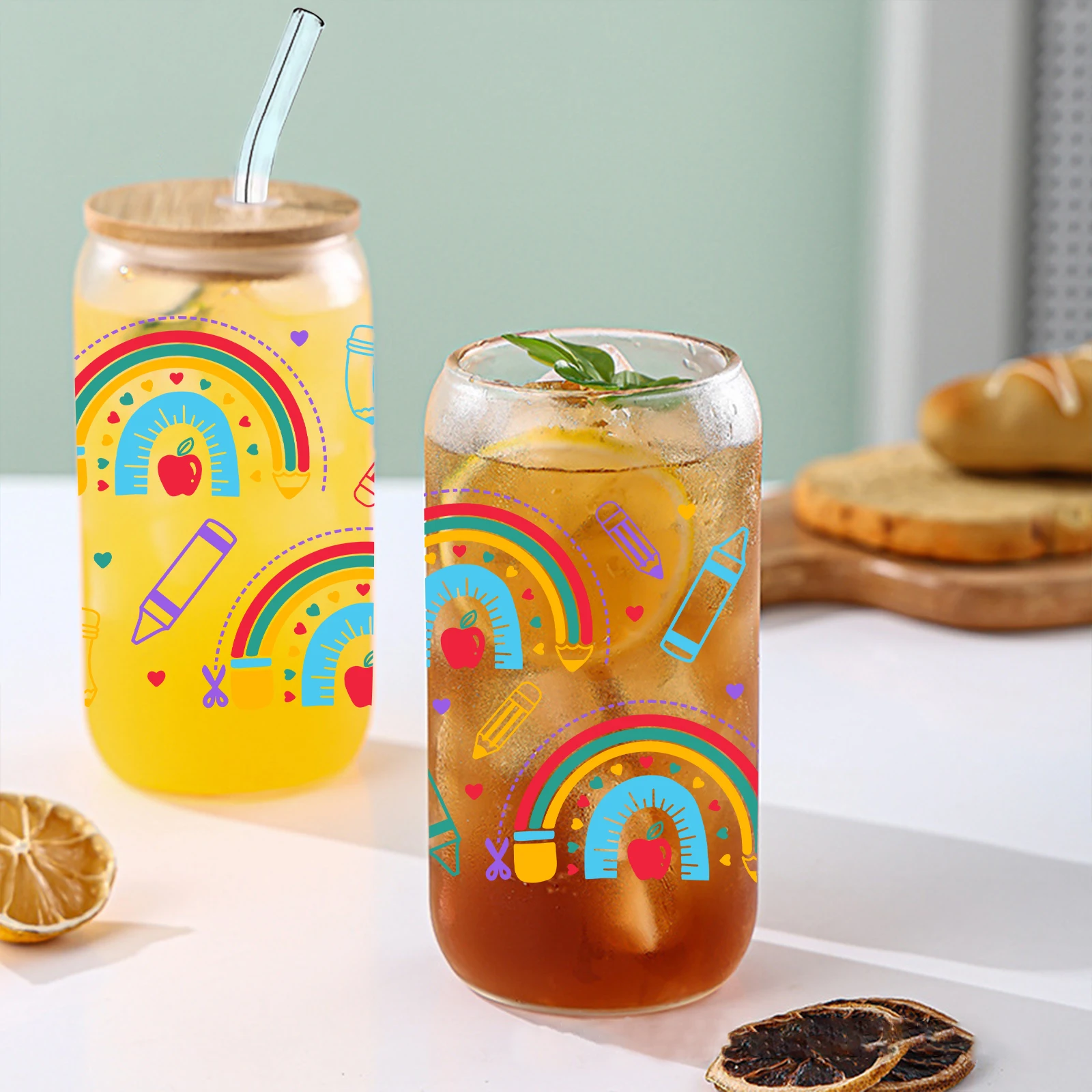Ruler and rainbow 3d Pattern 16oz Glass Tumbler Mug With Lid&Straw Coffee Glass Mug Iced Coffee Lover Gift Back To School Gifts
