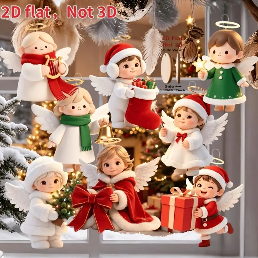 1/5/10/20/50/100pcs 2D Design, Set of 8 Cute Christmas Angels with Santa Hats, Christmas Tree Decorations, Wall-Mounted Holiday