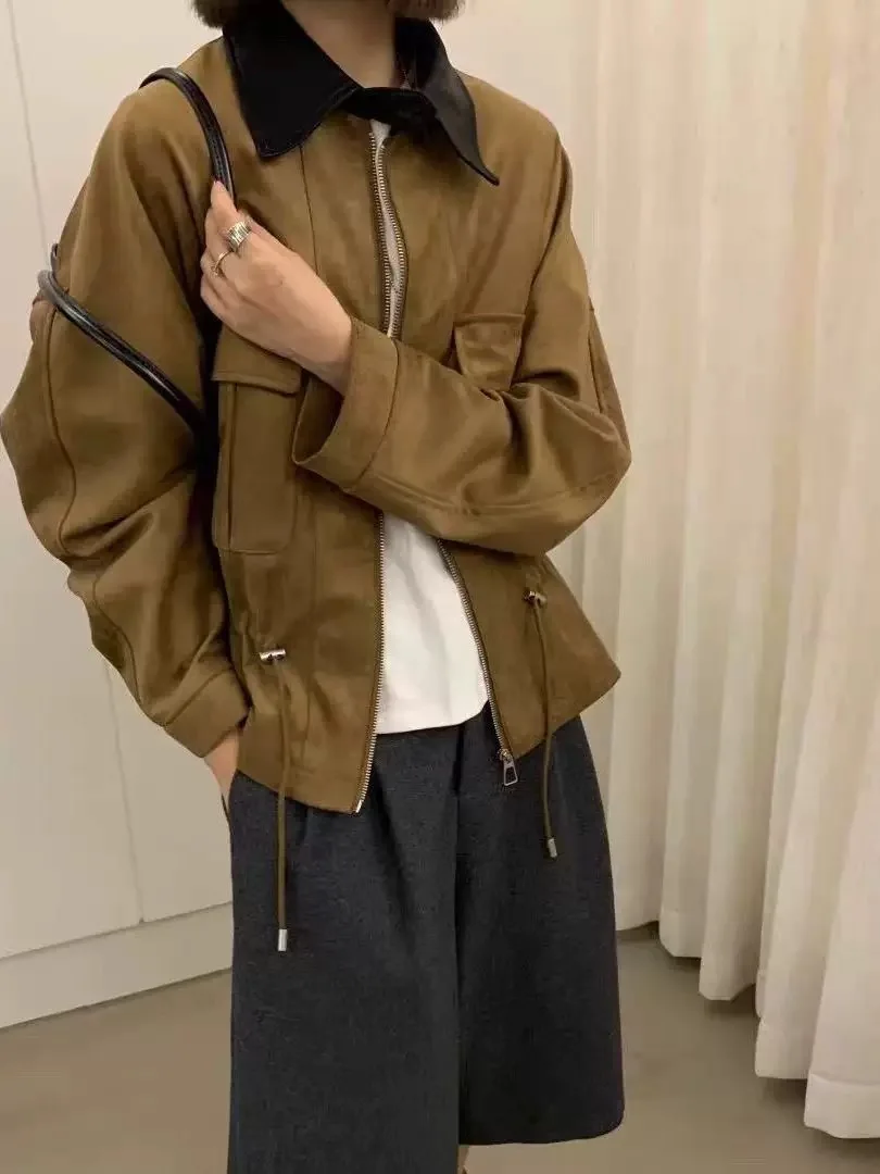 Fashionable Color Block Suede Jacket Women's Spring Autumn Loose Fit Drawstring Waist Casual Style Long Sleeve Zipper Closure