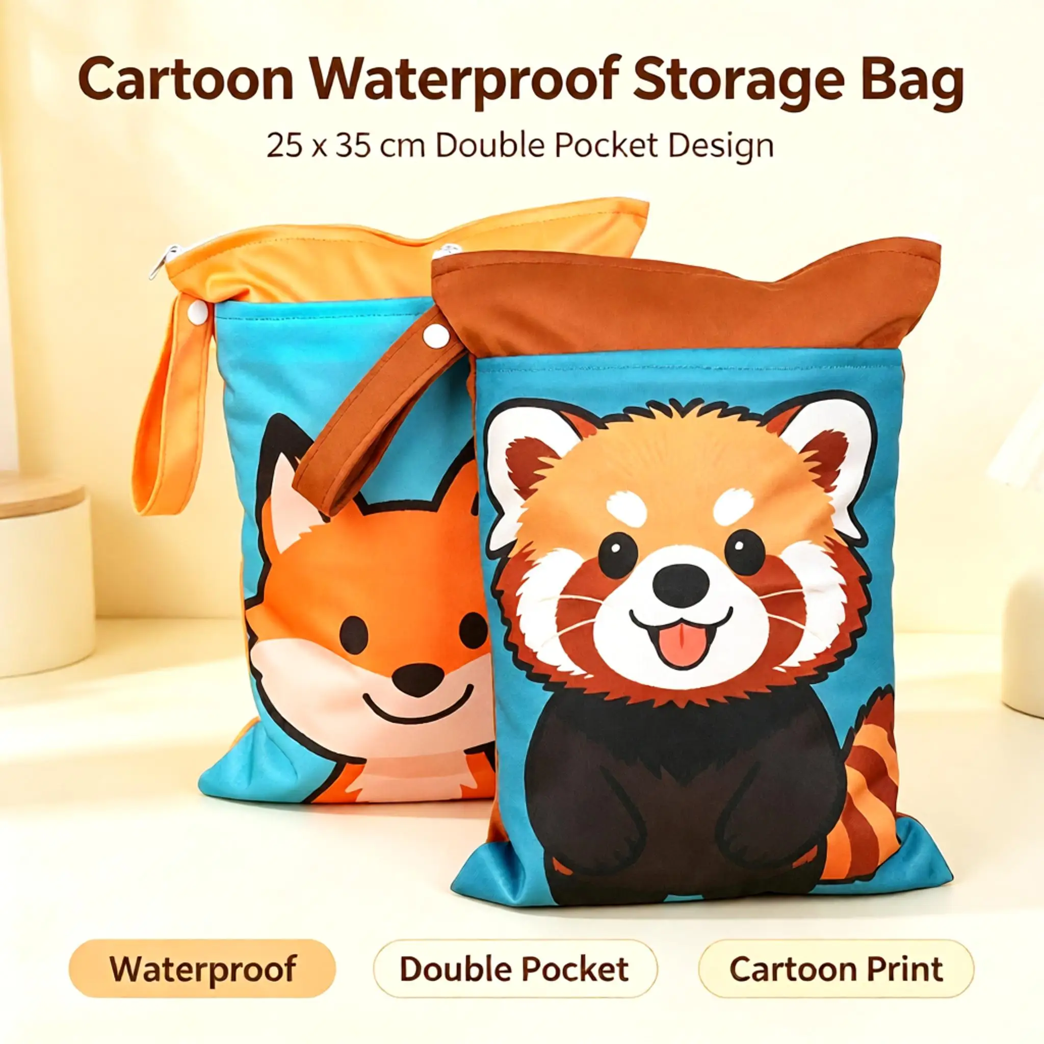Cartoon Wet Dry Bag 25×35cm Large Capacity Waterproof Dual‑pocket Storage Bag Snap Handle Stroller Hanging For Baby
