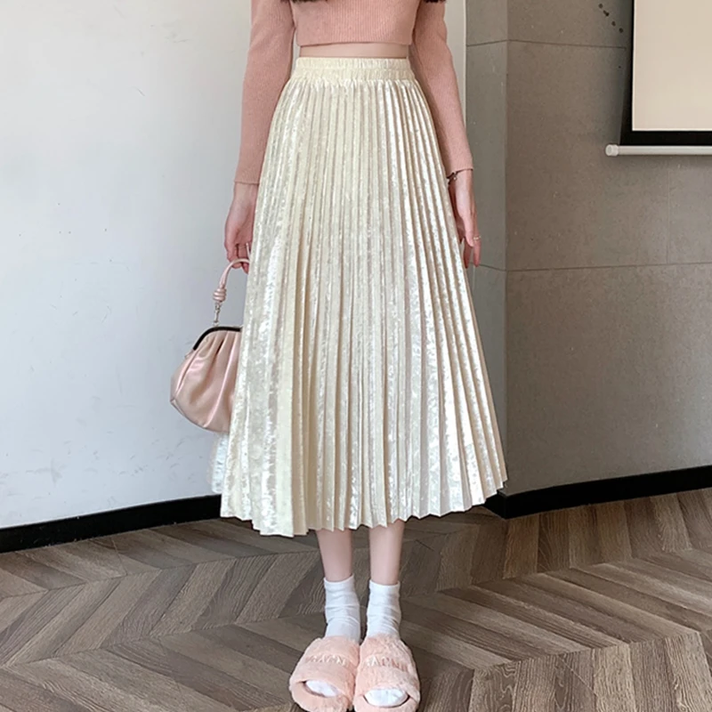 

Autumn Winter Velvet Pleated Skirt Women Casual Solid Color Elastic High Waisted A-line Work Party Midi Long Skirt