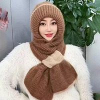 Winter Ear Protection Knitted Skullies Hat Scarf Set Neck Warmer Windproof Women Hooded Scarf Thicken Soft Neckerchief Outdoor
