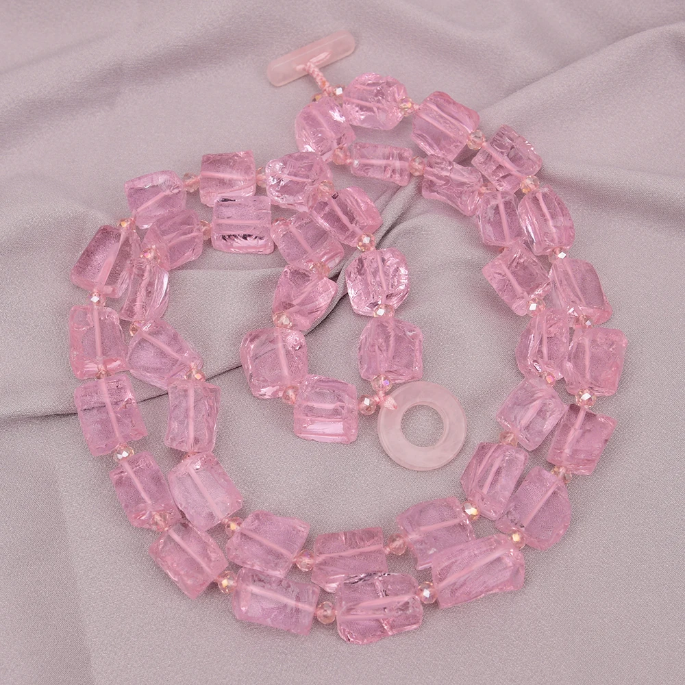 G-G 2 Rows Natural Pink Glass Rough Quartz Nugget Crystal Multi Strands Necklace Handmade Lady Heavy Jewelry