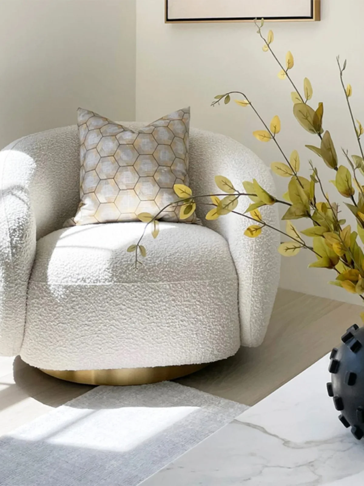 Modern White Armchair Teddy Fabric Casual Stainless Steel Chair Family Apartment Villa Living Room Bedroom Hotel Lobby