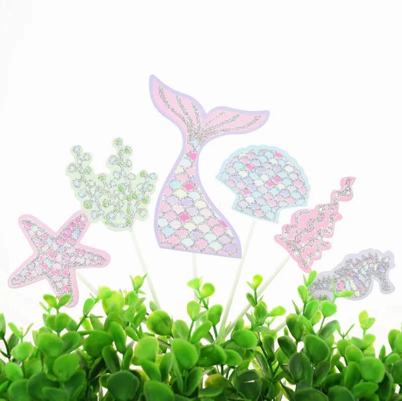 6pcs/set Ocean Cake Toppers Flags Cupcake Mermaid Cake Topper Kids Birthday Wedding Bridal Cake Wrapper Party Baking DIY Decor