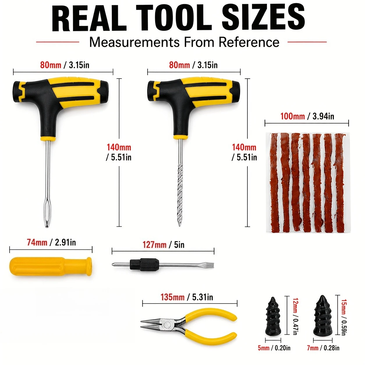 Tyre Repair Kit for Car SUV Motorcycle Truck Bicycle, Reamer Plugger, Repair Strips, Valve Core Remover, Zipper Case