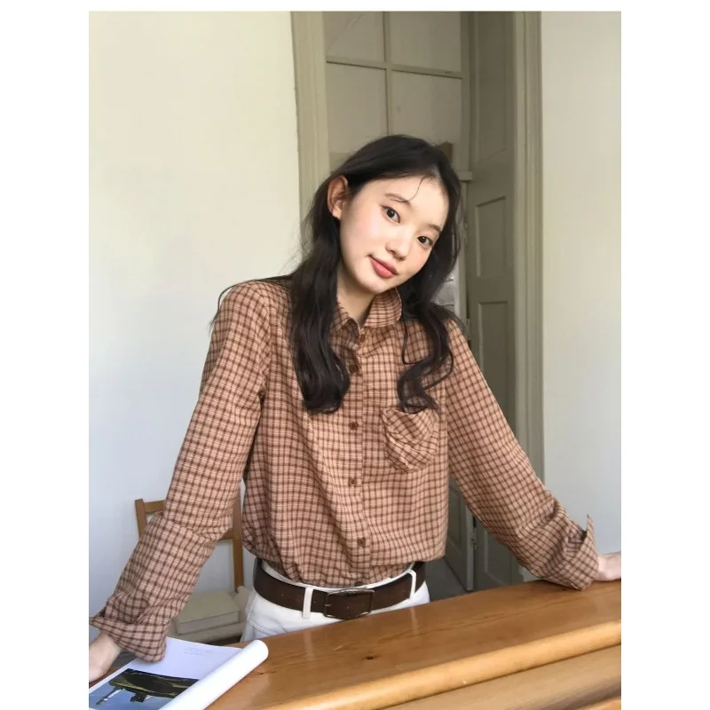 

Трехмерный накладной карман, клетчатая рубашка с кукольным воротником, осенний новый свободный базовый дизайн, клетчатый кардиган