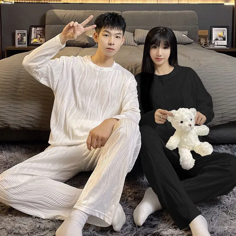 2024 Autumn Couple Pyjamas Women Leisure Wear Simplicity Men Long Sleeve Solid Sleepwear Pajamas Set Women Round Neck Nightwear