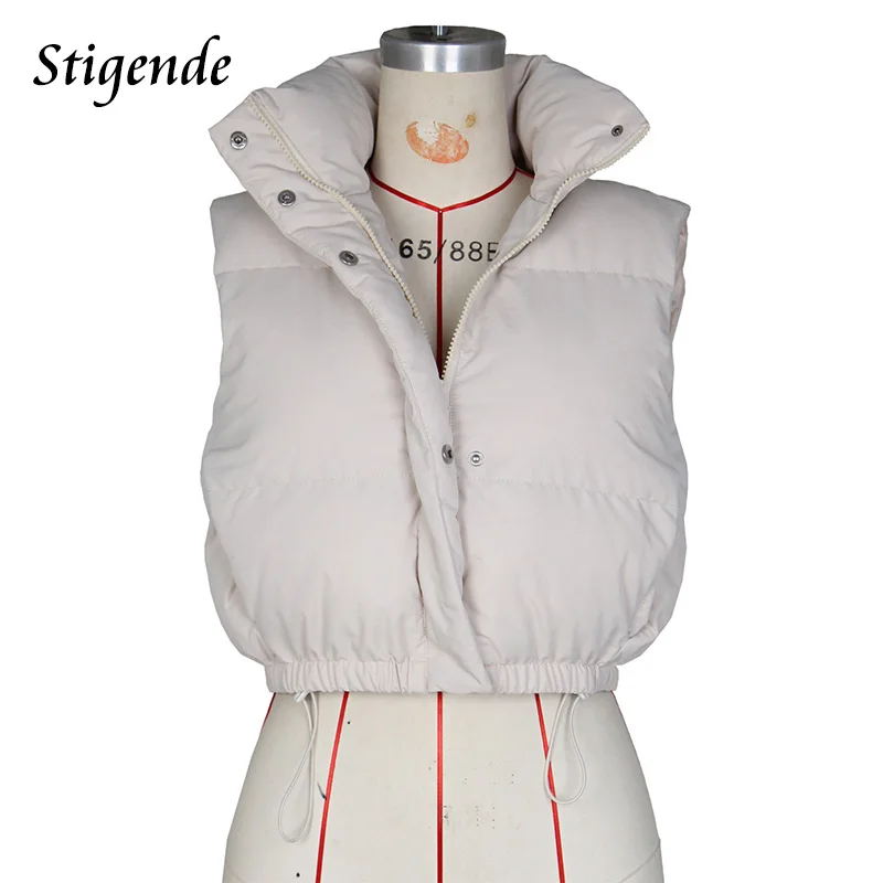 Stigende Cotton Padded Vest Women Drawstring Waist Zipper Button Sleeveless Parka