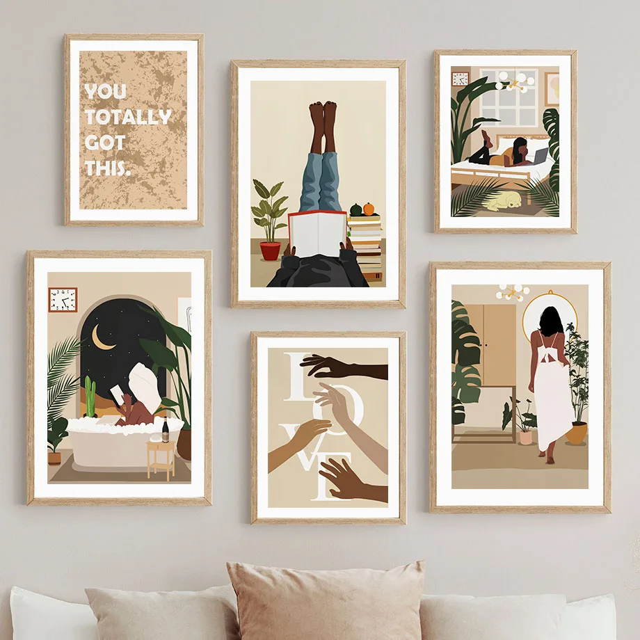 Abstract Wall Art Canvas Painting Boho Girl Flower Reading Books Figures Posters Nordic Pictures For Living Room Prints Decor