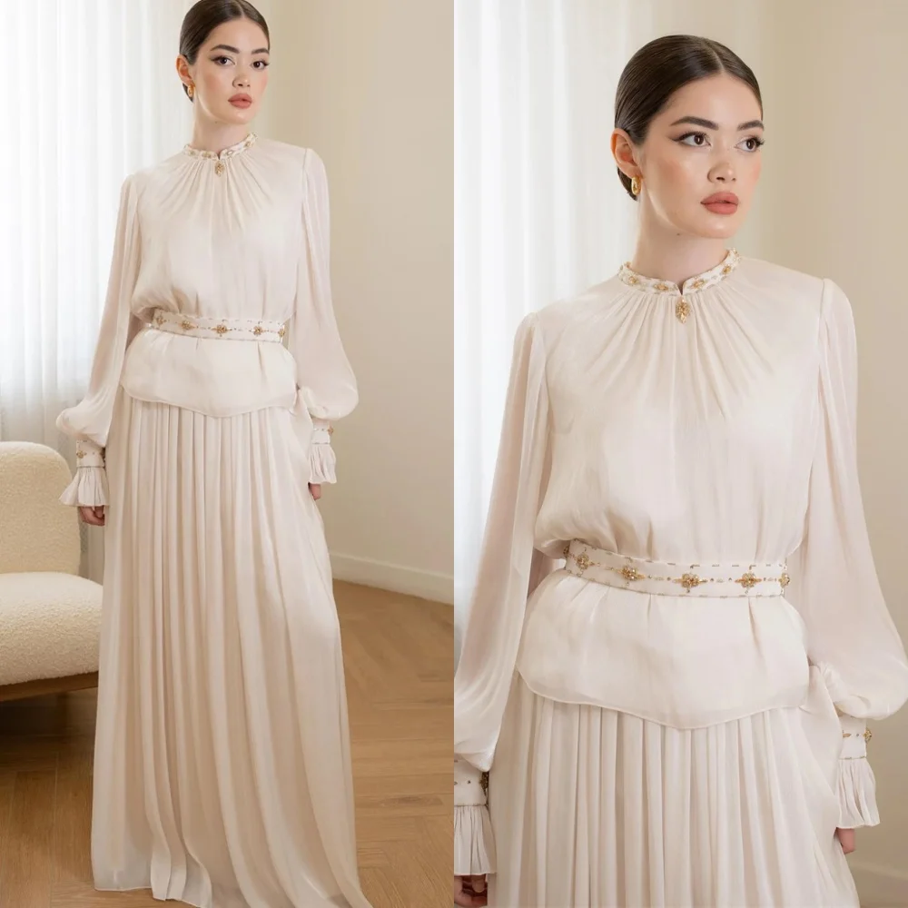 

Customized Temperament Chiffon Evening Dresses Exquisite O-Neck Long Sleeves Homecoming Dresses High Quality Vestido De Festa