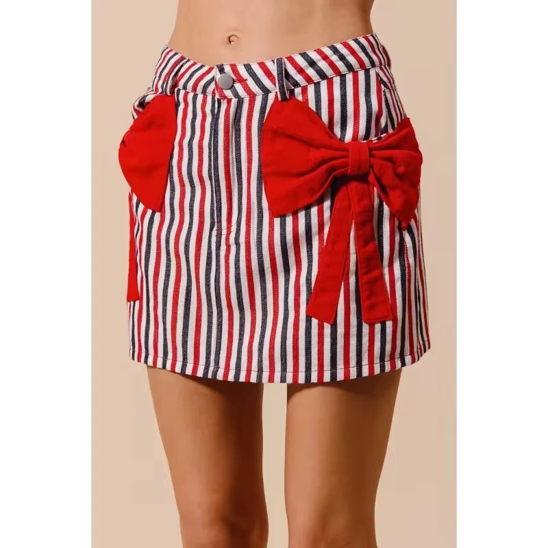 New Ladies Stripes Bows Colored Denim Skirt Ladies Appliques Women'S Short Mini Skirts Summer Jean Waist Y2K Punk