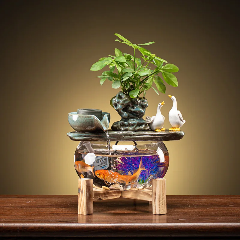 Creative Flow Decoration Living Room Desktop Fortune Attraction Glass Fish Tank Circular Aquarium Opening and Relocation Gifts