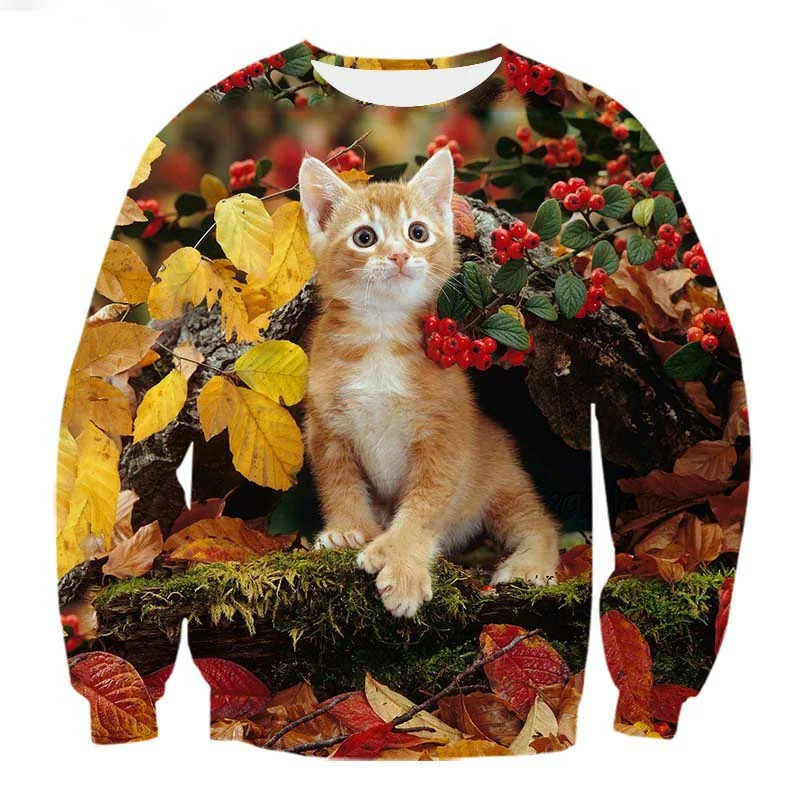 3D Printed Cartoon Animal Hoodie For Men Cute Cat Pattern Sweatshirts Autumn Long Sleeves Unisex Loose Hoodies Round Neck Tops