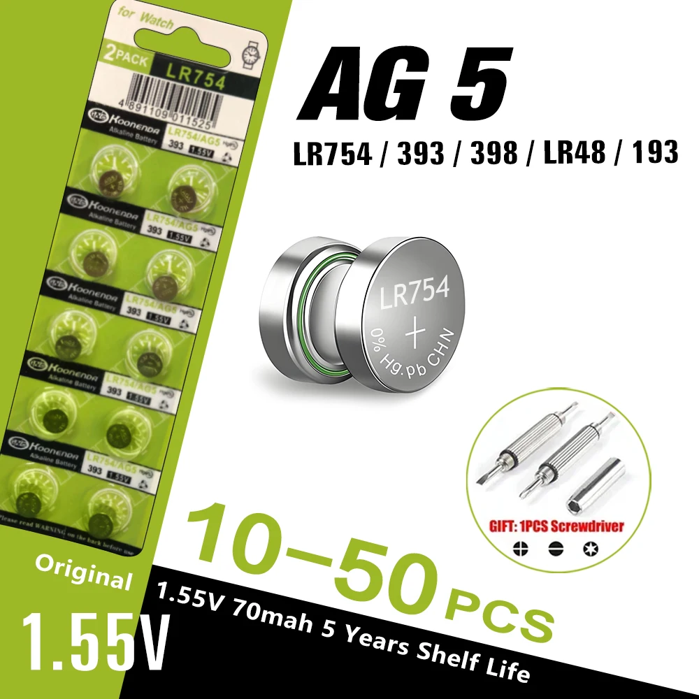 10-50PCS 1.55V AG5 LR754 Button Batteries 193 393 SR754 Round Cell Coin Alkaline Battery L754 SR754SW LR48 For Watch Toys Clock