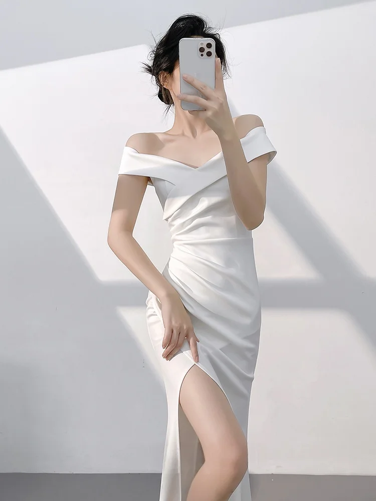 

Ele One-oulder Wedding Dr Women's 2025 New High-End Beautiful Host White Engagement Gown Korean Sle Slim Fit Long ...