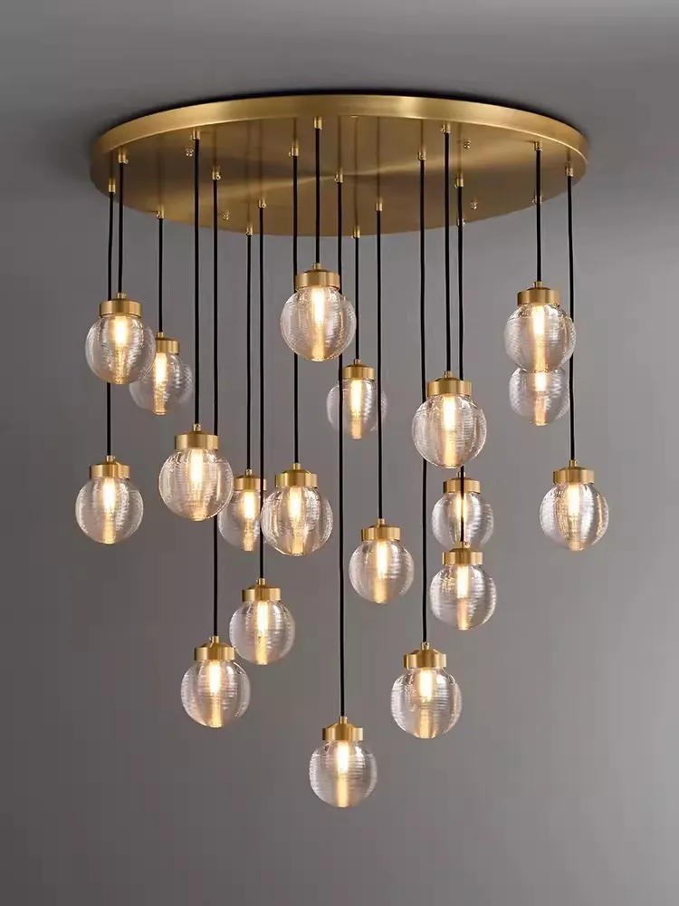 Nordic LED Chandeliers Light Villa Duplex Glass Ball Rain Drop Decoration  Hanging Lamp Copper Decor Staircase Lamp Lustre