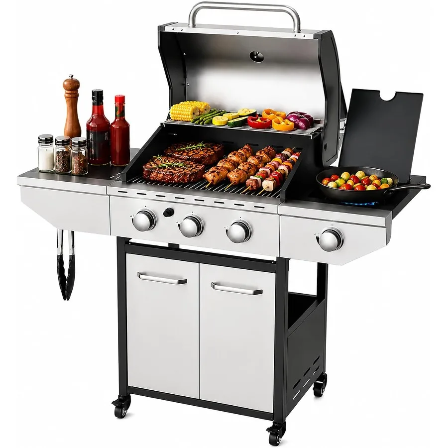 Gas Grill with Side Burner, 40000 BTU Stainless Steel BBQ