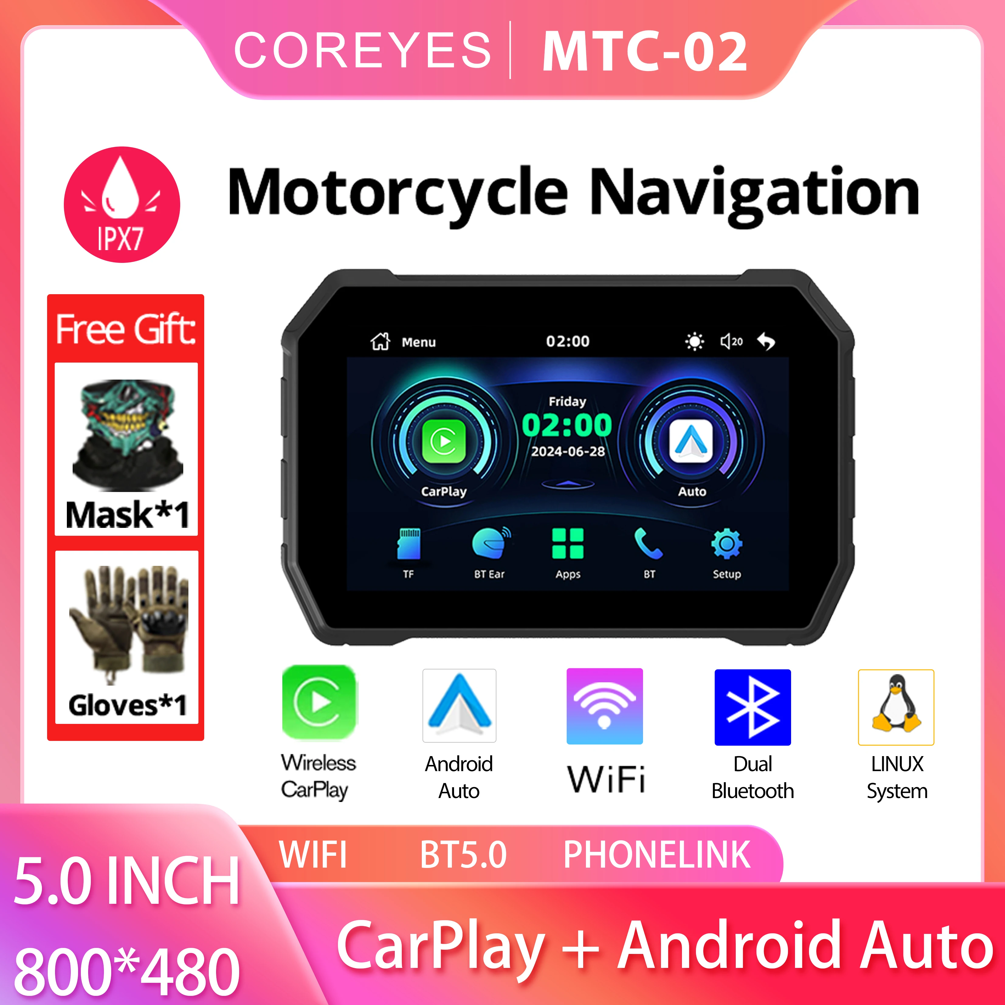 COREYES MTC-02 Motorcycle Navigation DVR Waterproof Screen Wireless Carplay Android Auto BT Multifunctional Monitor