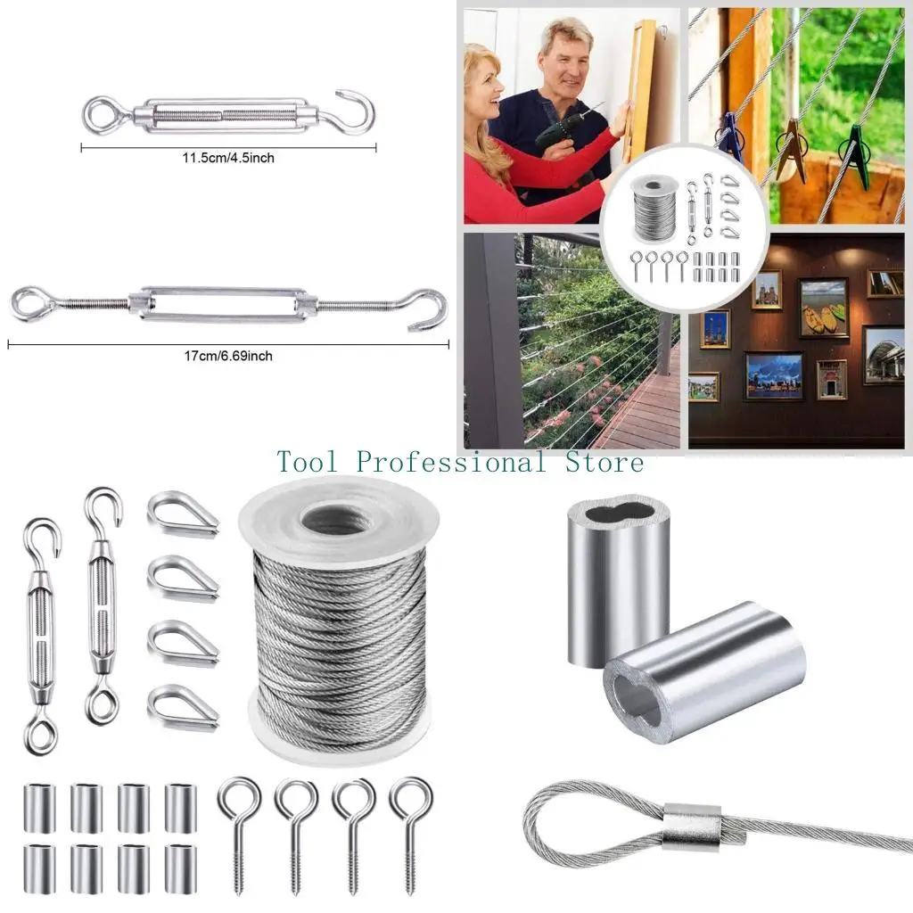

57QF Garden Wire for Sun Shade Tent Installation Railing Decking Plants Fence Anti-Rust 19 Pcs 50 FT Hook & Eye Tensioner Rop