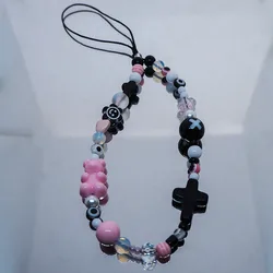 Black Cross Phone Charms Pink Bear Beads Mobile Phone Chain Women Girls Acrylic Flower Cellphone Lanyard Telephone Strap Jewelry