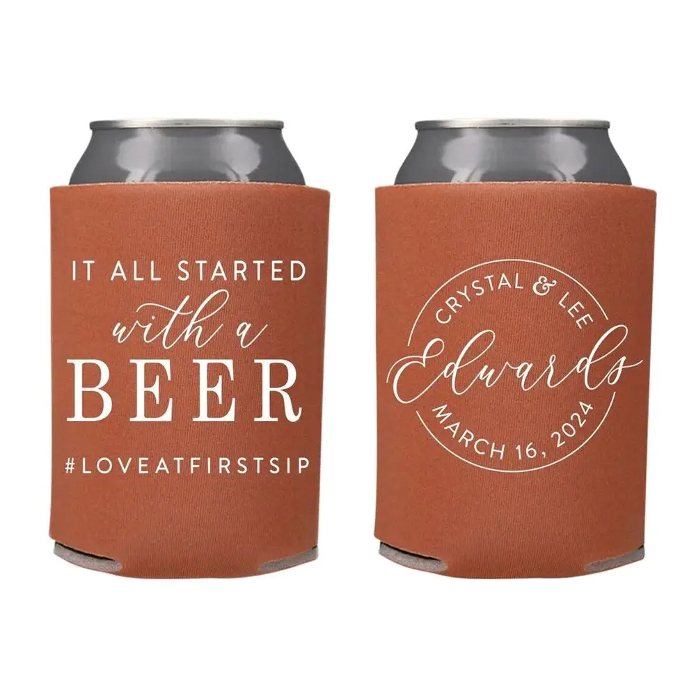 It All Started With A Beer - Wedding Can Cooler #209R - Custom - Wedding Favors, Beverage Insulators, Beer Huggers, Wedding, Bee