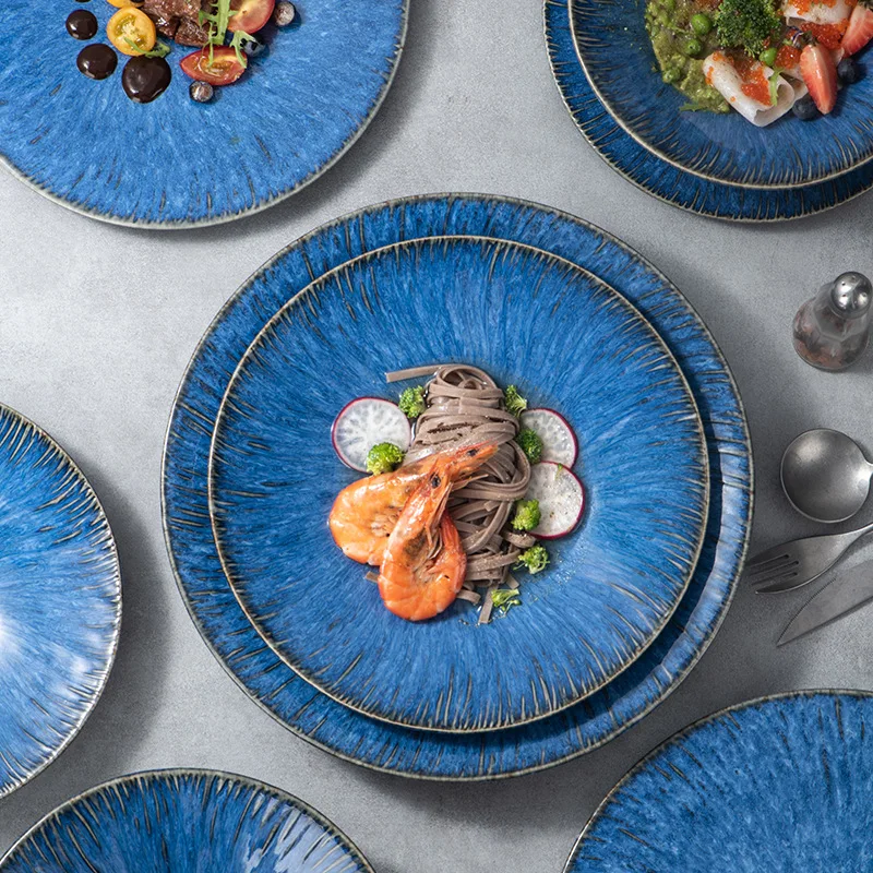 LingAo--Nordic Glazed Blue Swirl Ceramic Creative Steak Pasta Plate, Bucket Bowl