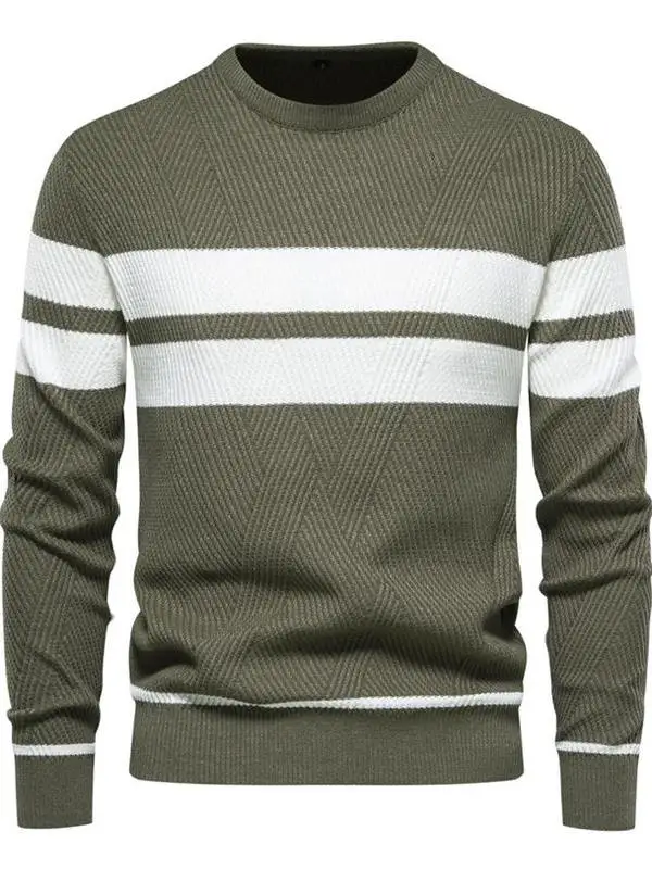 

Autumn Winter Men's Casual Striped Knit Sweater Overhead Color Blo round Ne Men's European Size Knitted irt