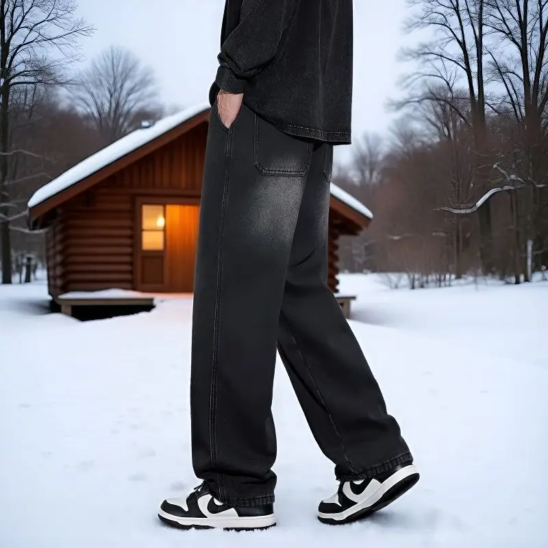 Fleece Lined Straight Leg Jeans Men Winter Warm Thick Denim Pants Loose Casual Sports Fashion Student Trousers