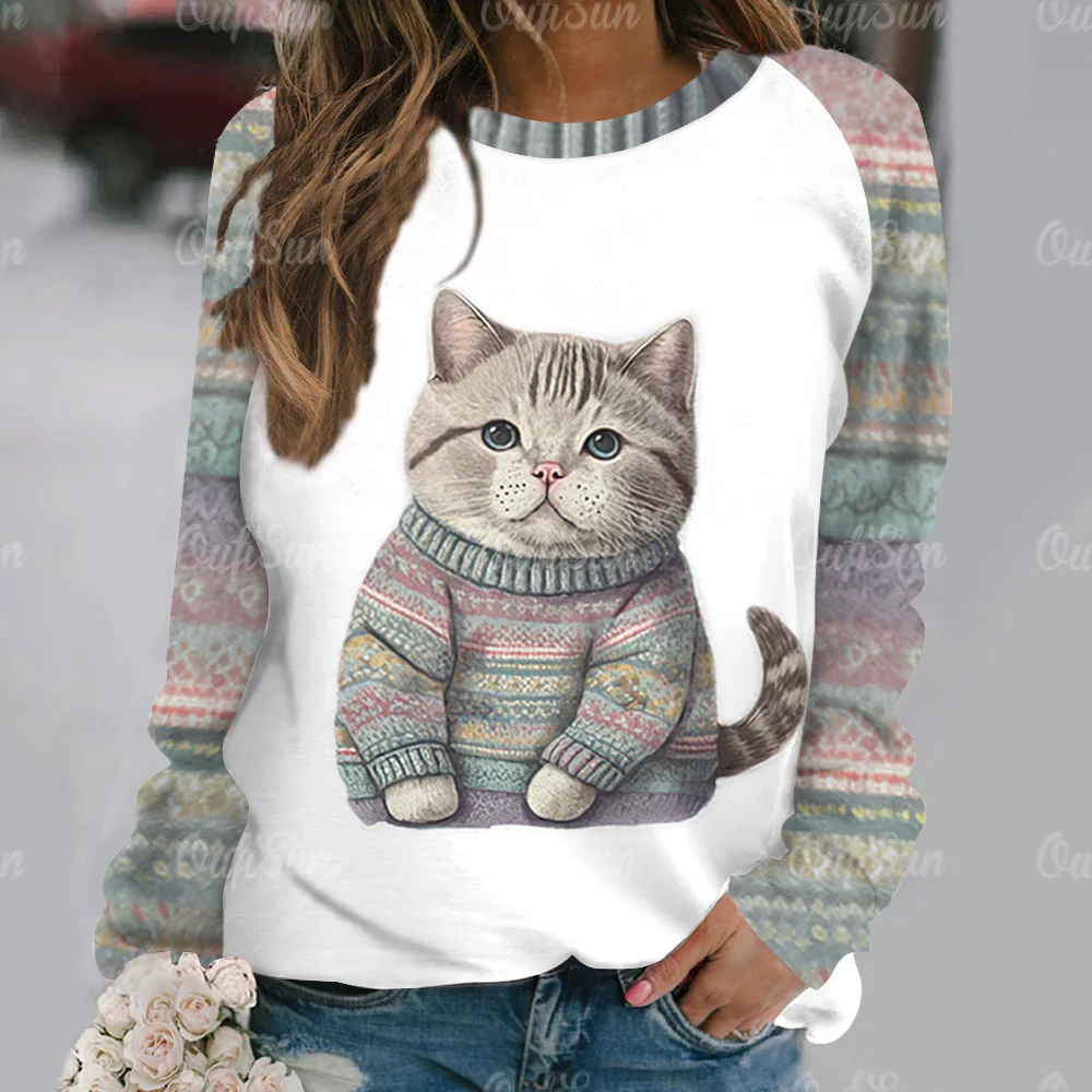 Funny Kawaii Cat Animals Print Cotton Long Sleeve T-Shirts For Women Sweatshirts Female Cute O-Neck Pullover Woman Sweatshirt