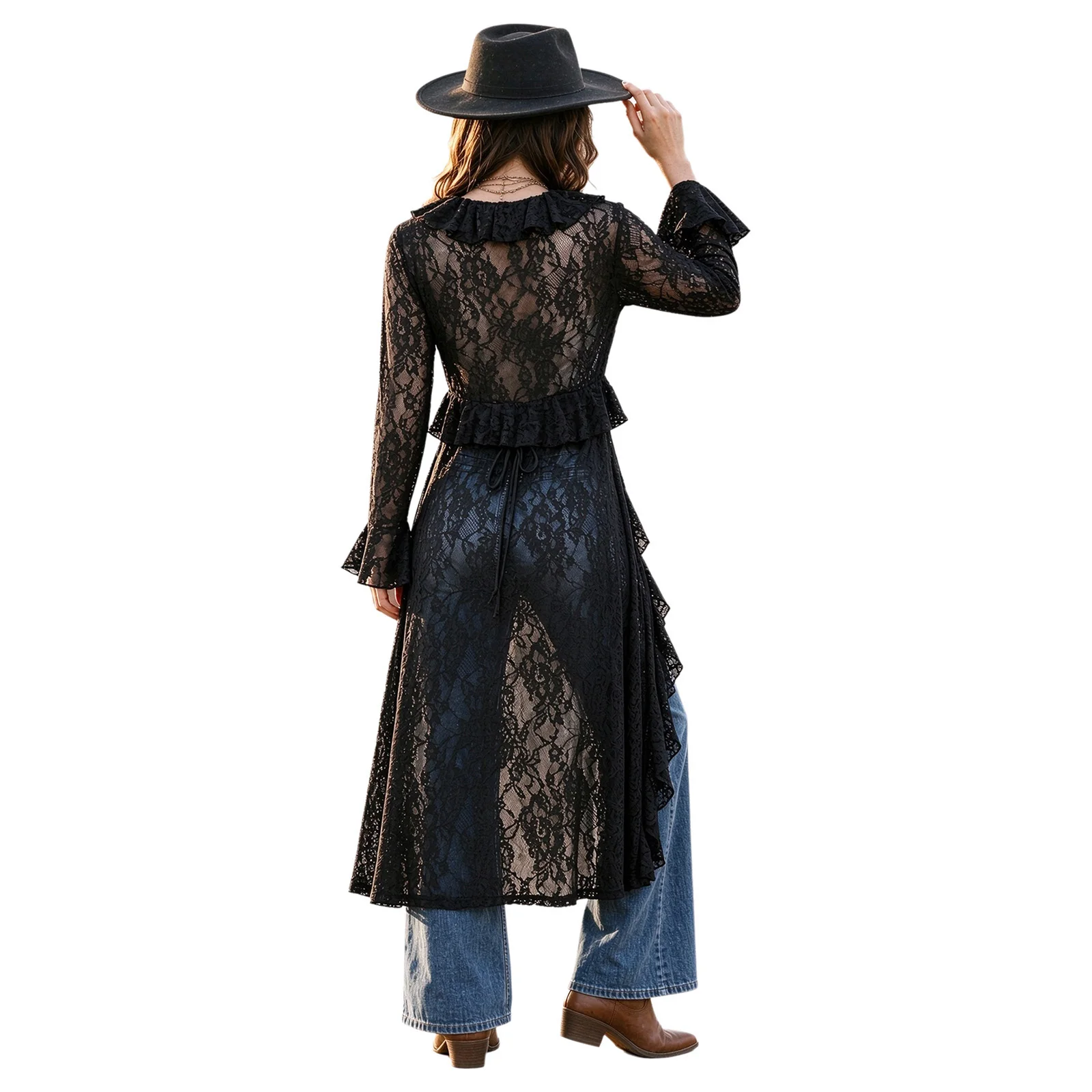 Women See-through Hollow Out Outerwear Floral Lace Ruffles Long Cardigan Smock Flared Sleeve Tie-front Long Mesh Cover Up Dress