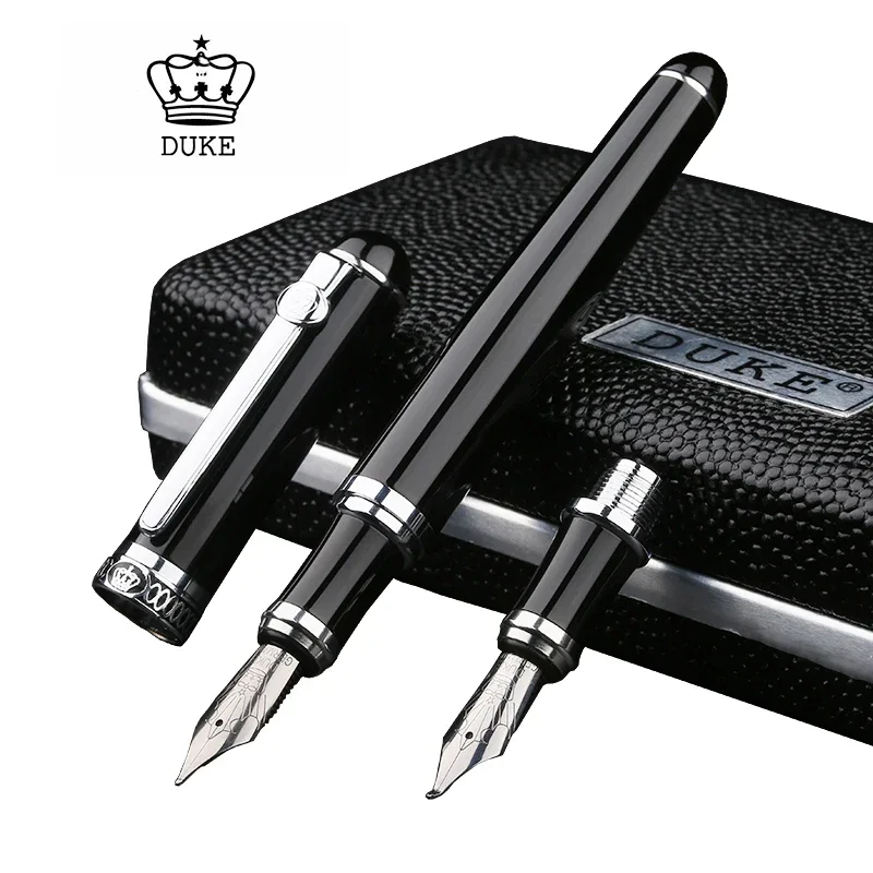 Duke D2 Black Silver Clip d2 Medium Nib Fountain Pen with 1pc Calligraphy Fude Bent Nib Interchangeable Set for Writing Practice