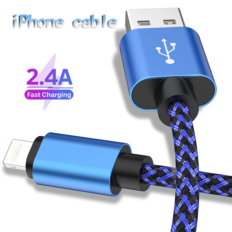 2,4A USB-A-auf-Lightning-Kabel mit Nylonummantelung für schnelles Laden, kompatibel mit iPhone 14, 13, 12, 11 Pro Max, iPad, USB-A-auf-iOS-Kabelzubehör