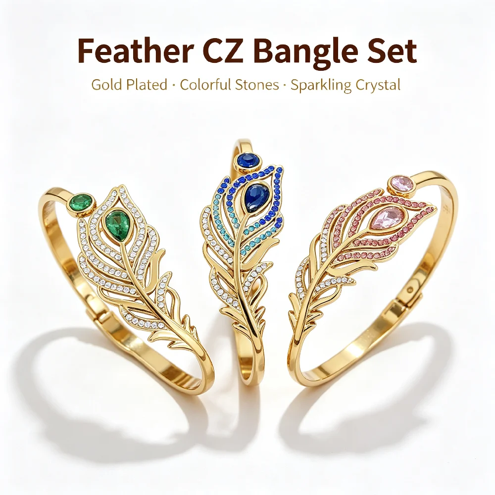 Greatera Woman Man Stainless Luxury Peacock Feather Bangles Three Color Zircon Bangle  Party Classic Waterproof Jewelry