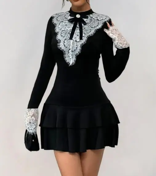 

Womens Dresses 2025 Spring New Fashion Lace Splicing Celebrity Retro Mock Neck Long Sleeve Casual Solid Color Daily Dress