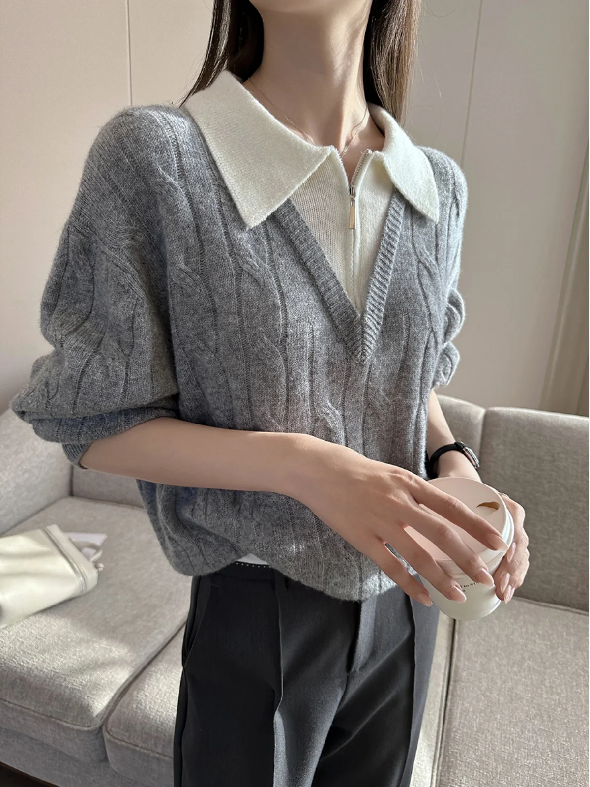 

ay Ne Knitted Sweater Women's Loose Fit Autumn New Sle Simple Versatile Fake Two-Piece Sweater Commute Sle Long ...