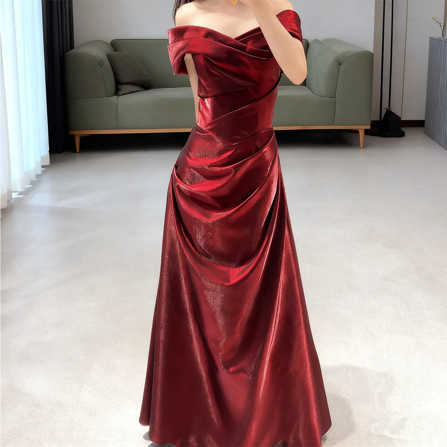 Burgundy Evening Dresses Strapless Pleats Satin Long Prom Dress Lace-up Back Shining Satin Party Dress L&P DQL Studio