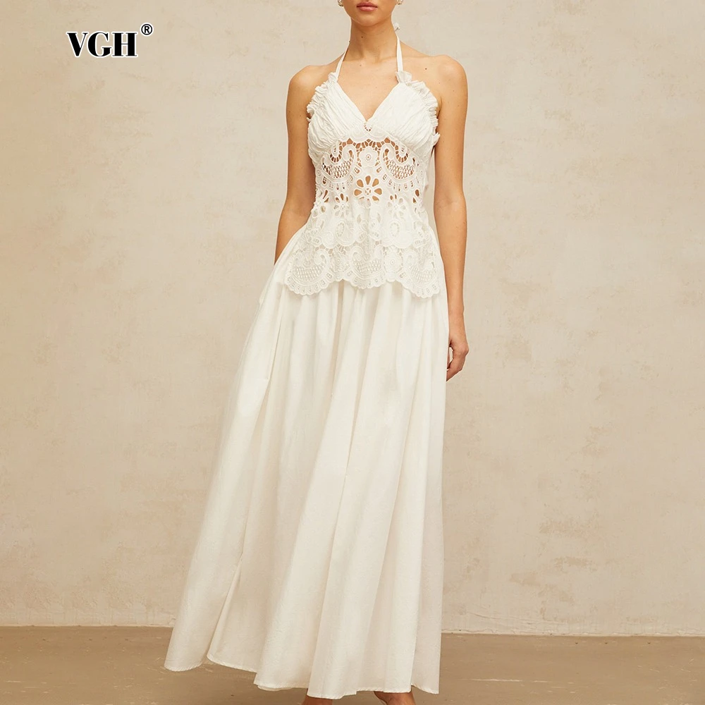 

VGH White Color Sexy Spliced Lace Hollow Dresses for Women Halter Neck Sleeveless Patchwork Embroidery Dress Female Clothing New