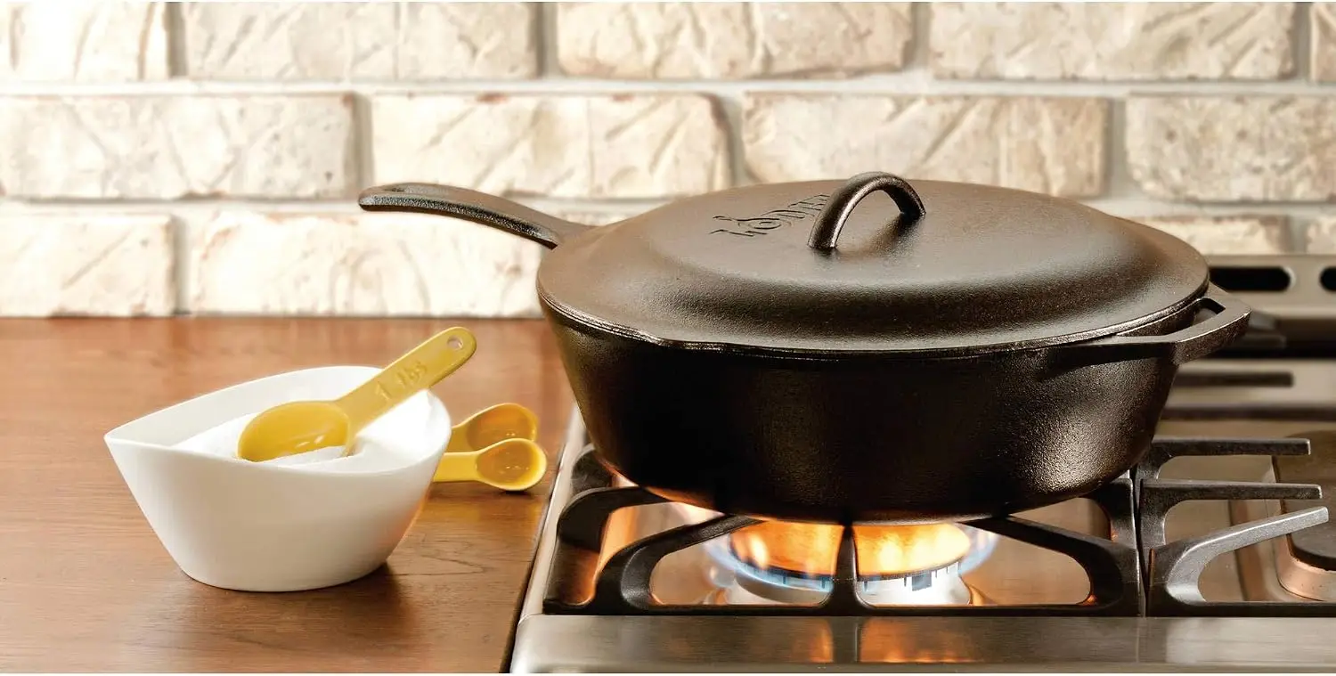 Pre-Seasoned Cast Iron Deep Skillet with Lid, 5 Quart Heavy Duty Frying Pan for Braising, Sautéing, Grilling & Everyday Cooking