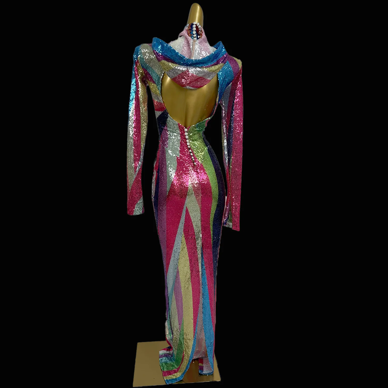 Shiny Colored Cape Long Dress Sexy Backless Dress Carnival Party Club Halloween Theme Ball Dress Mysterious Robe sekuai