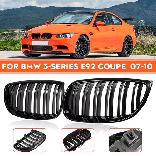 Parrilla de riñón de parachoques delantero para BMW E92 E93 M3 2006-2009, rejilla de doble línea negra brillante, pieza de repuesto de rejillas de carreras de estilo de coche