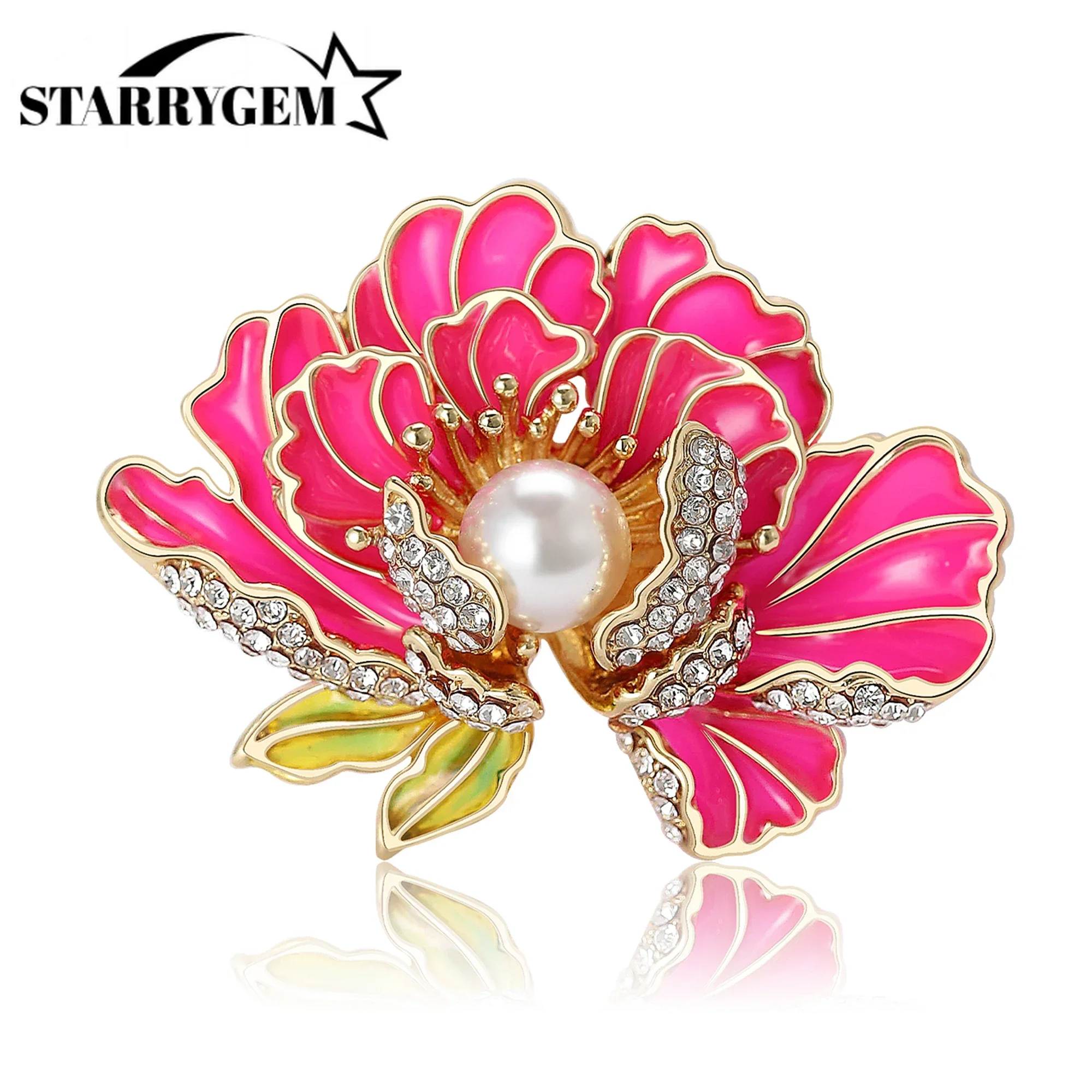 

Enamel Peony Flower Brooches for Women Rhinestone Rose Pins Pearl Flowers Badge Office Party Friend Gifts Accessories