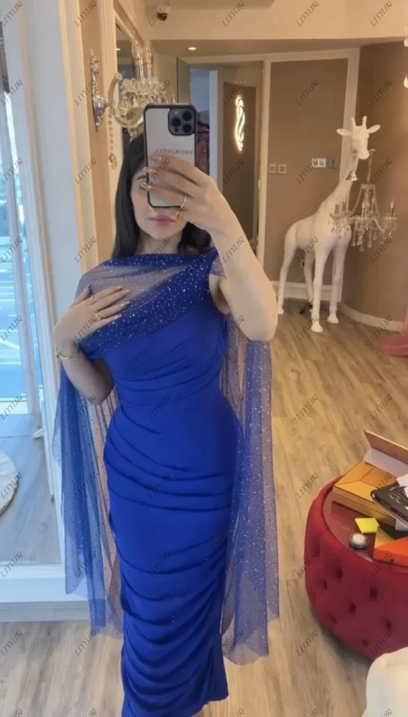 LIYYLHQ Royal Blue Saudi Arabic Evening Dresses With Cape Sequined Pleat Ruched Dubai Women Prom Dress Formal Party Gowns Custom