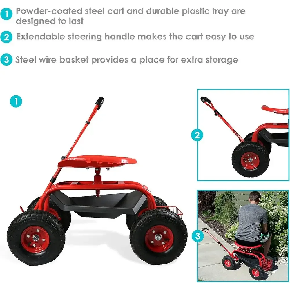 Adjustable Rolling Garden Seat with Tray - Red
