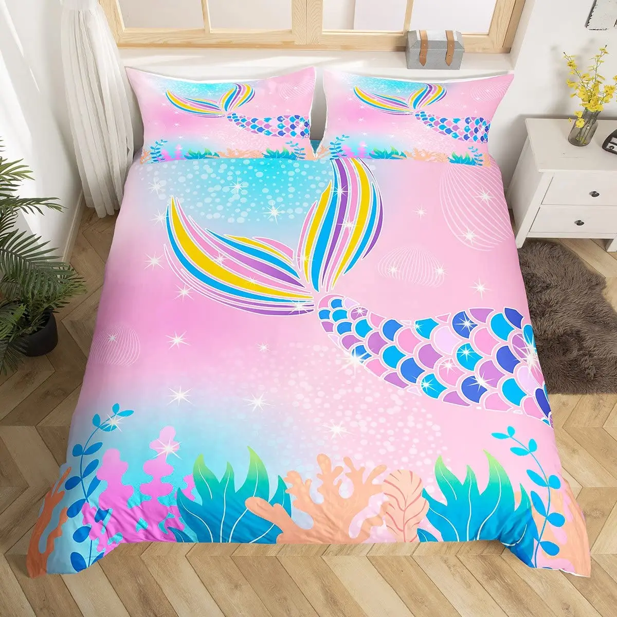 Mermaid Fish Tail Duvet Cover Pink Teal Purple Scales Comforter Cover Girly Shiny Rainbow Bedding Set Ocean Animal Quilt Cover