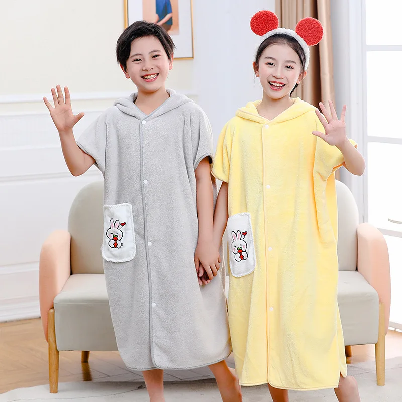 Pure Coral Fleece Kids Sleepwear Robes Soft Baby Bathrobe Cute Cartoon Rabbit Boys Girl Blanket Kids Hooded Bathrobes Bath Towel