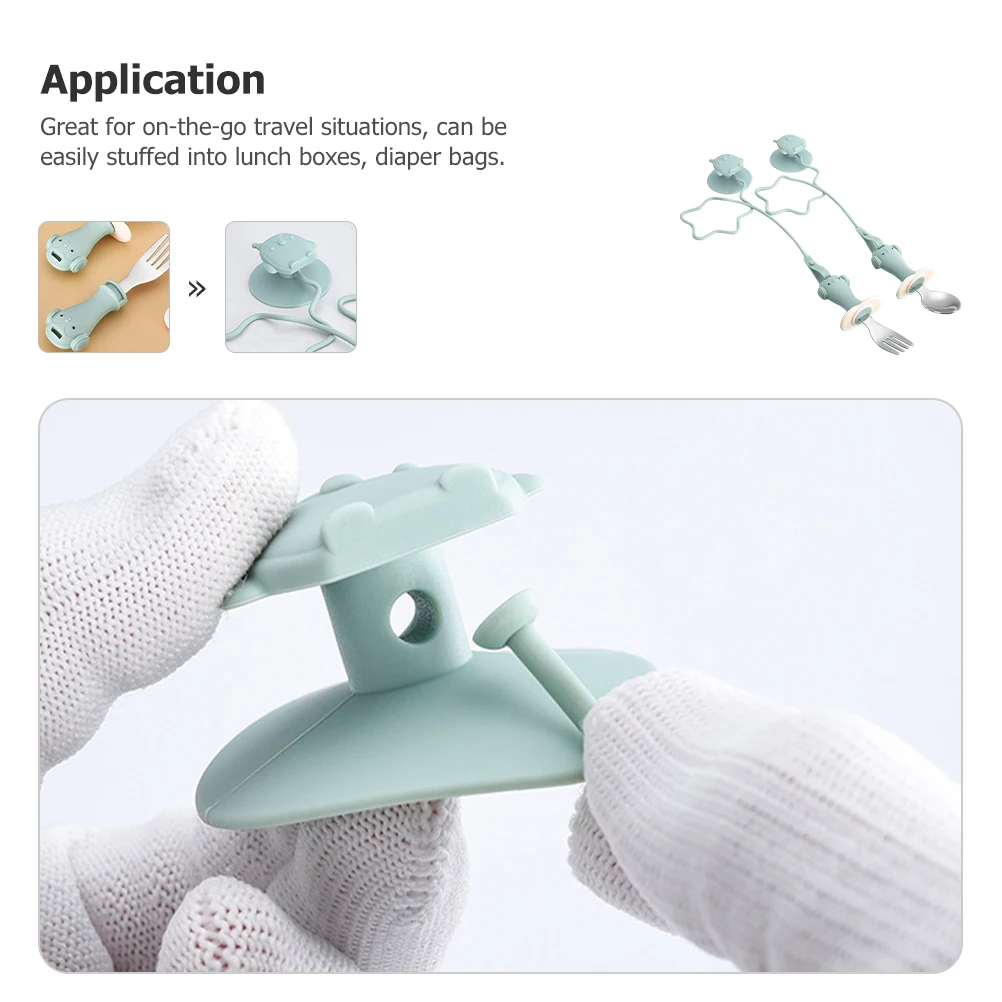 

1 set Baby Fork Spoon Set with Suction Cups Chains Kids Tableware Toddler Self Feeding Utensils Sets Anti-Slip Dishware