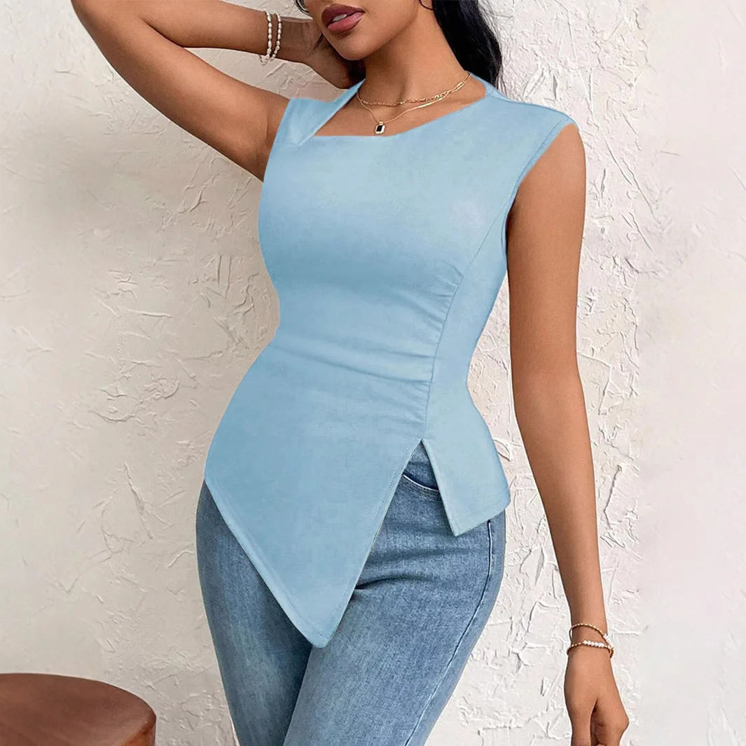 

New Summer Top 2025 Women's Clothing T-shirt Solid Color Asymmetric Fashion T-shirt Sleeveless Top T-shirt