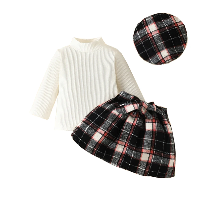 

Autumn Winter Baby Girl Set Long Sleeve Turtleneck Tee Plaid Skirt Beret 3Piece Set 6 Months To 3 Years Old Toddler Girl Clothes