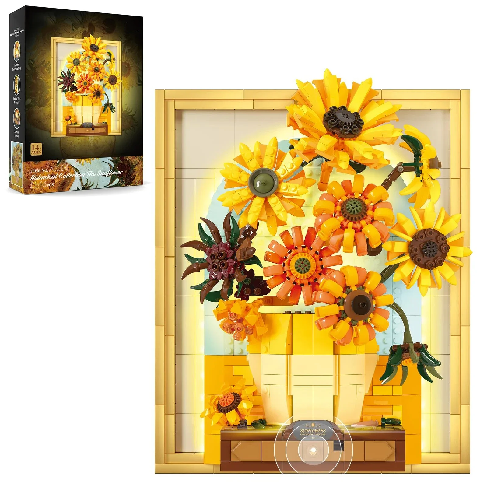 1166PCS Sunflower Photo Frame Flower Blocks Creative Bouquet Lighting Art Wall Ornament Model Bricks Toy For Kids Holiday Gifts